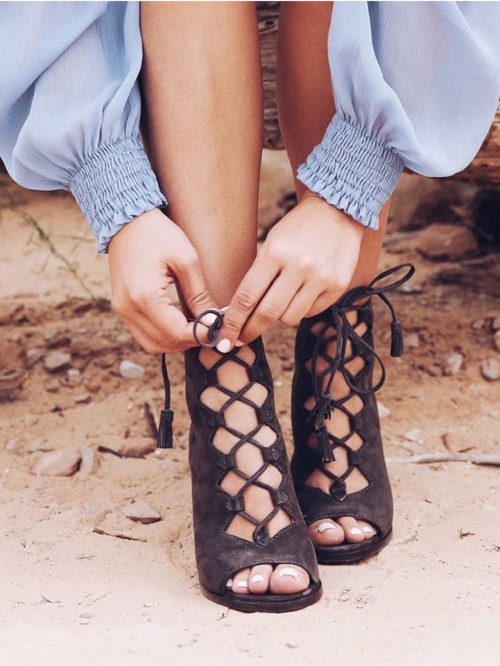 FRYE Gabby Ghillie Smoke Heel 9.5